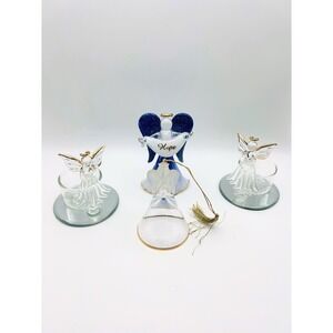 Lenox 1988 Angel Bell Ornament and Glass Angel Figurine Votive Set 4 Blue Gold